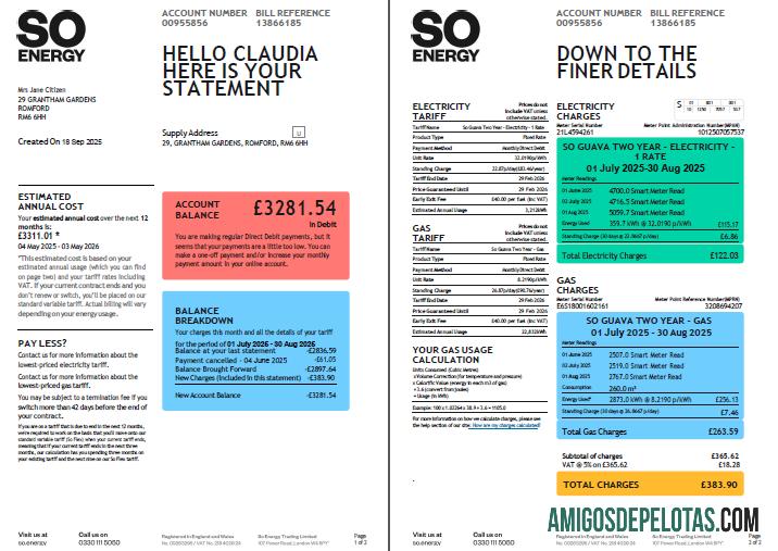 Para baixar modelo de fatura de serviços públicos de energia do Reino Unido em formatos Word e PDF, 2 páginas, versão 2